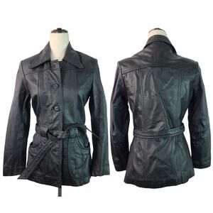 Wilsons Maxima Black Leather Belted Coat Jacket Blazer XS